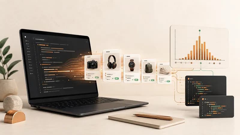 Editorial illustration of a server-side JavaScript integration transforming completed marketplace listing cards into structured price data and a distribution chart.