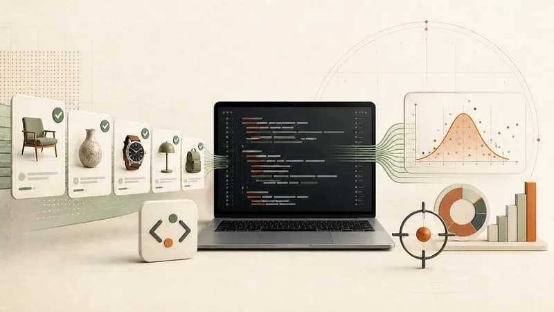 Editorial illustration of completed product listings flowing through a developer laptop into a price distribution chart and resale analytics.